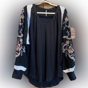 NWOT $228 FREE PEOPLE OVERSIZED Sequin Embroidery Thermal Sweatshirt Top!